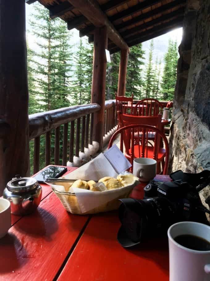 Bright red table and chairs, coffee, tea and biscuits made this Banff Tea House the perfect stop along the Plain of Six Glaciers trail.