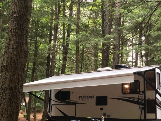 White travel trailer parked under tall trees at campground.