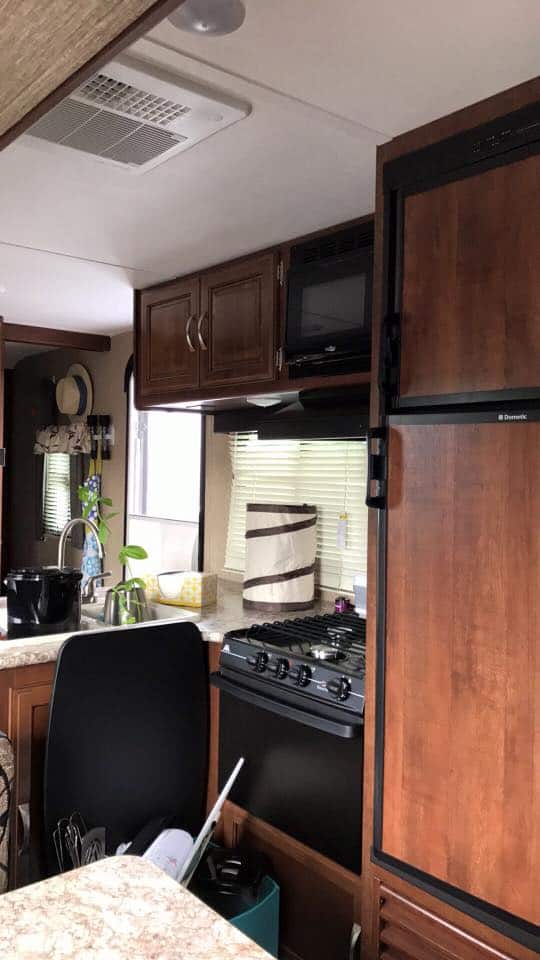 Interior kitchen area of a travel trailer