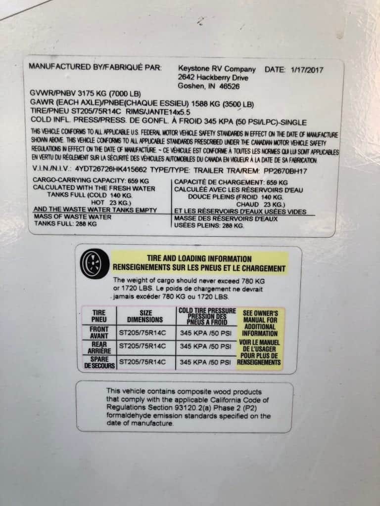 This is the information sticker on the side of our 2017 Keystone Passport 2670BH that gives all the specs and safety information for the travel trailer.