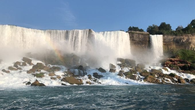 American Falls (left) and Bridal Veil Falls (right) as viewed from the Maid of the Mist boat tour at Niagara Falls New York.