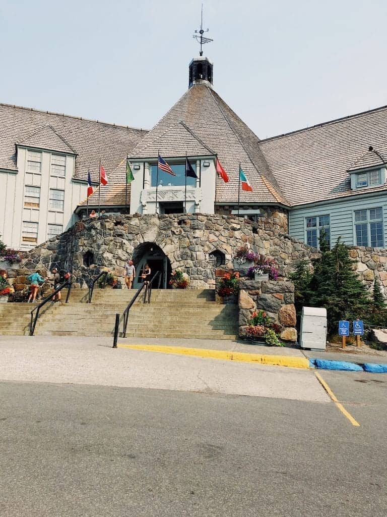 Front entrance of historic Timberline Lodge in Oregon