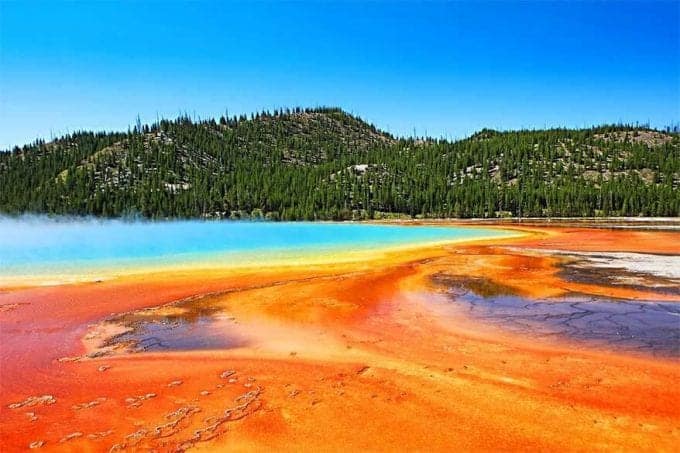Bright orange hot springs next to aqua blue water in Yellowstone National Park