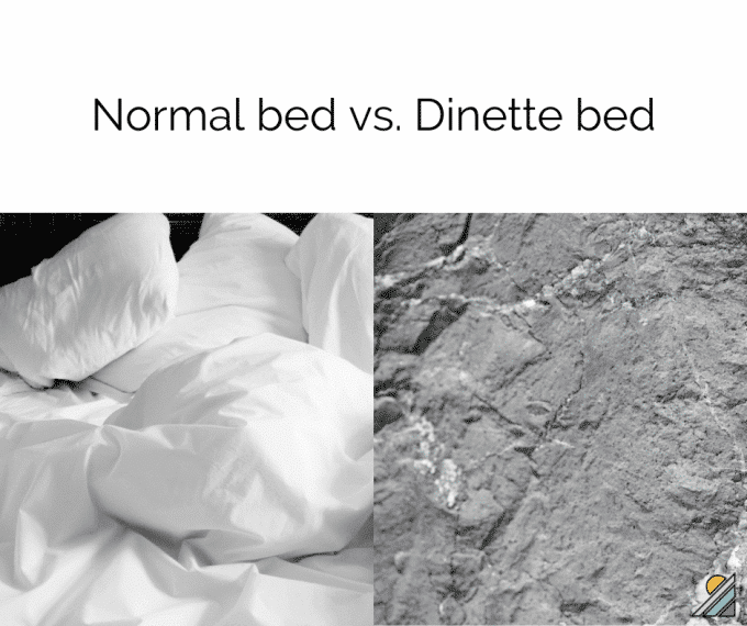Soft down comforter on one side and concrete on the other with text 'normal bed vs dinette bed'