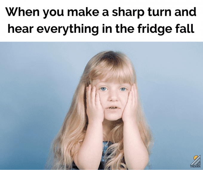 Young girl with hands on her cheeks and text 'make a shart turn and hear everything in the fridge fall'