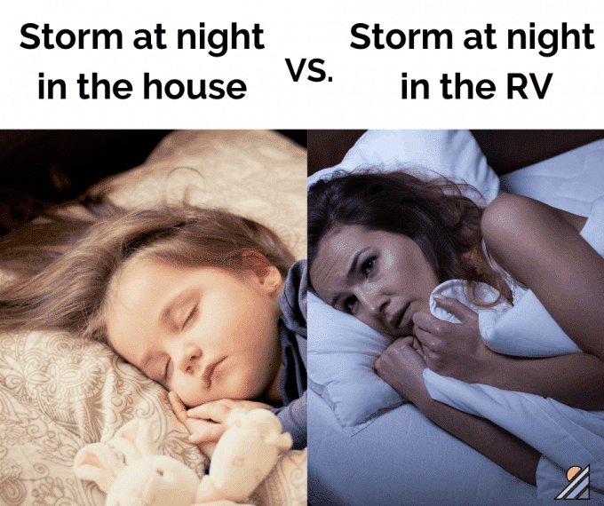Toddler sound asleep and woman curled in bed frightened with text 'sleeping in house vs a stormy night in RV'