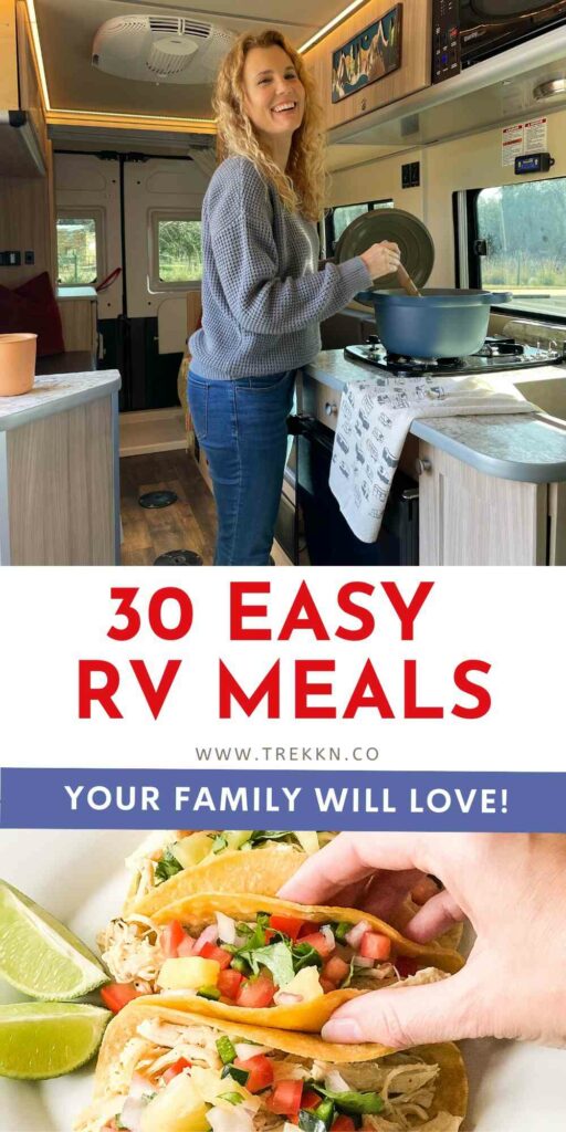 Woman cooking at stove in RV and taco with words 'Easy RV Meals Your Family Will Love'