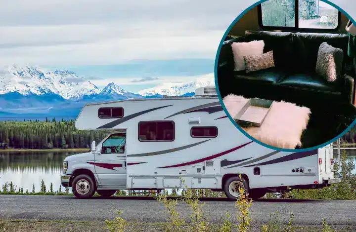 RV motorhome driving on road near lake with another image of sofa and ottoman inside RV.