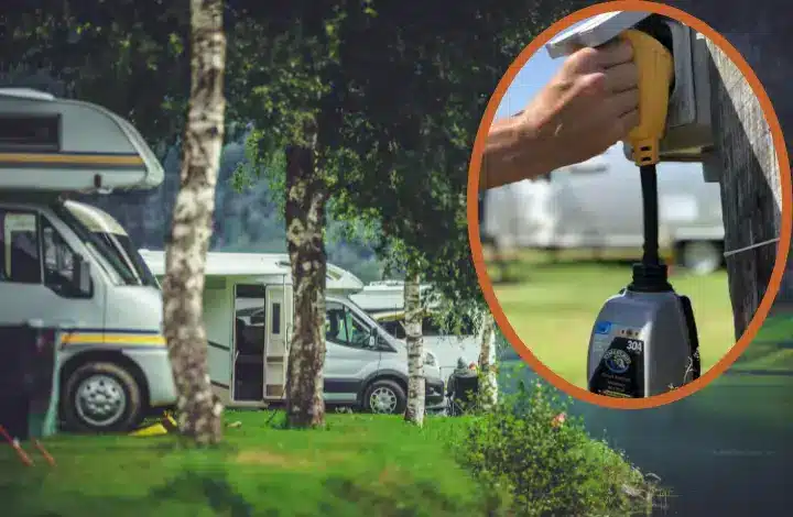 RV motor homes parked at campsite with highlighted image of surge protector