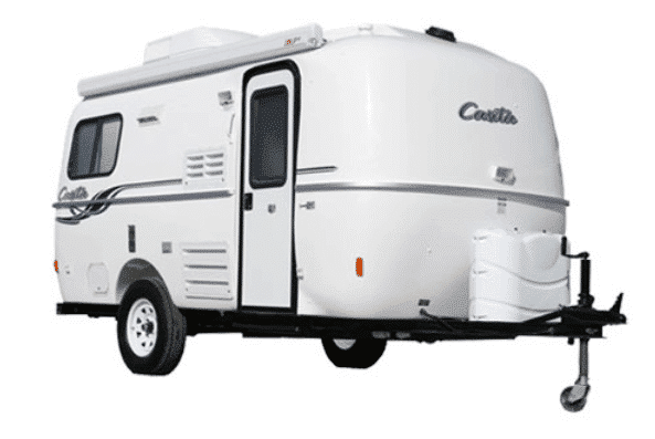 Exterior of white Casita travel trailer