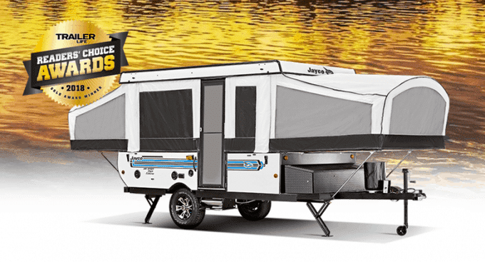 The Jayco Jay Sport Camping Trailer earned the Trailer Life Readers' Choice Award in 2018. A perfect example of small camping trailers with bathrooms.