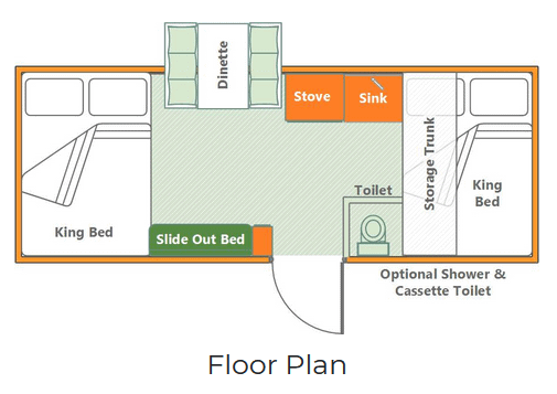 Floor plan of the Aliner Somerset Utah Camping Trailer, including optional shower and toilet.