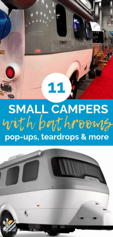 Small travel trailer with text '11 small campers with bathrooms'