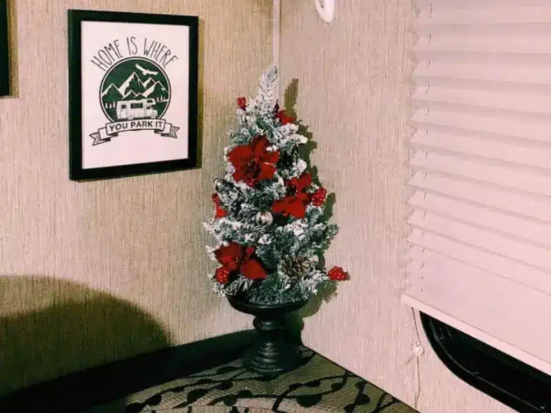 Small Christmas tree on table in RV.