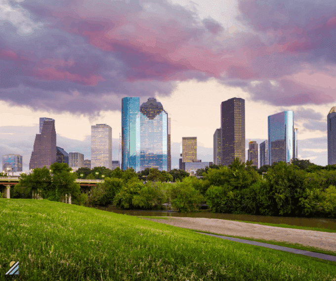 Houston Texas city skyline viewed from RV