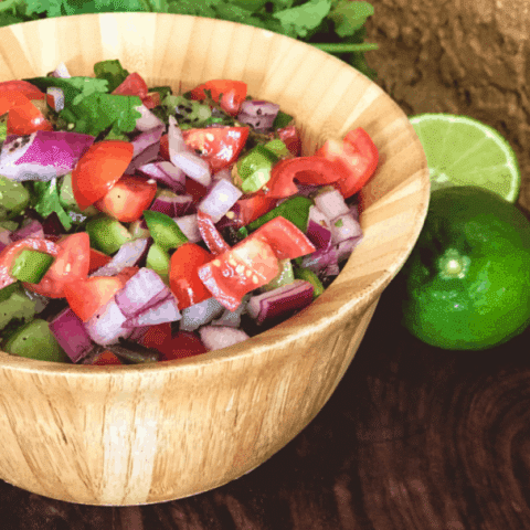 Side of bowl filled with pico de gallo that is great to enjoy while camping