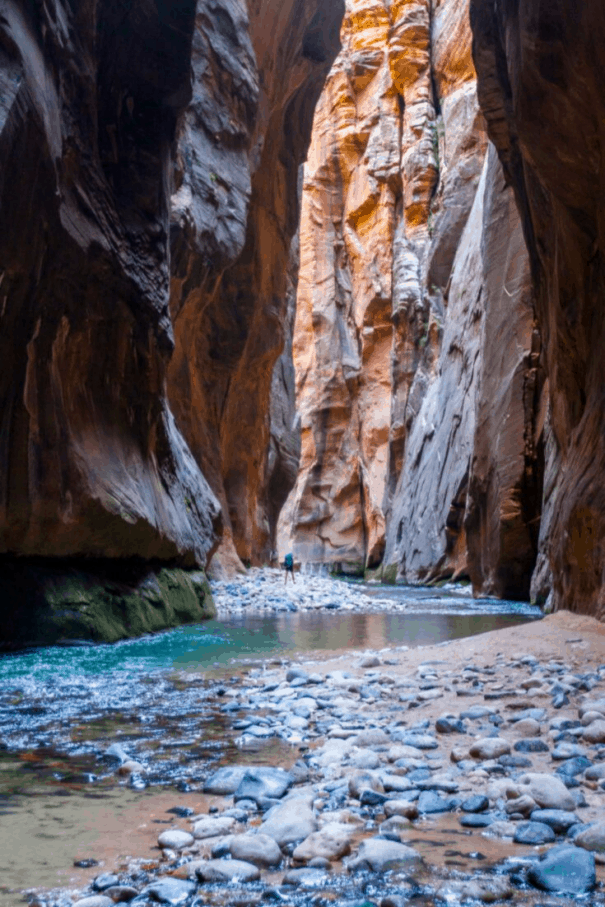 One person hiking along small streak in a deep canyon at The Narrows Hike in Zion