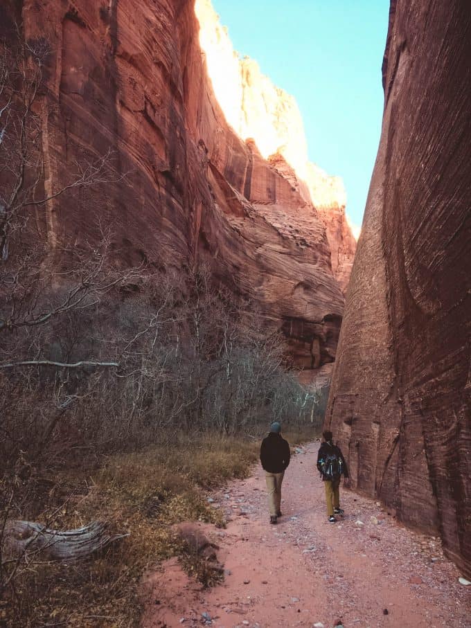 Two men hiking on a red rock trail through Zion National Park.