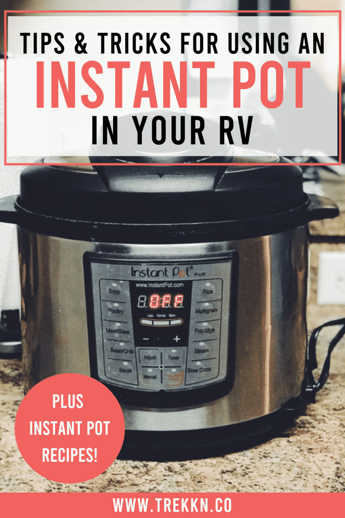 Instant Pot on counter in RV with text 'tips for using instant pot in your rv'