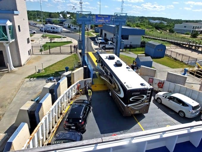 Aerial view of RV and cars exiting the Cape May Lewes ferry