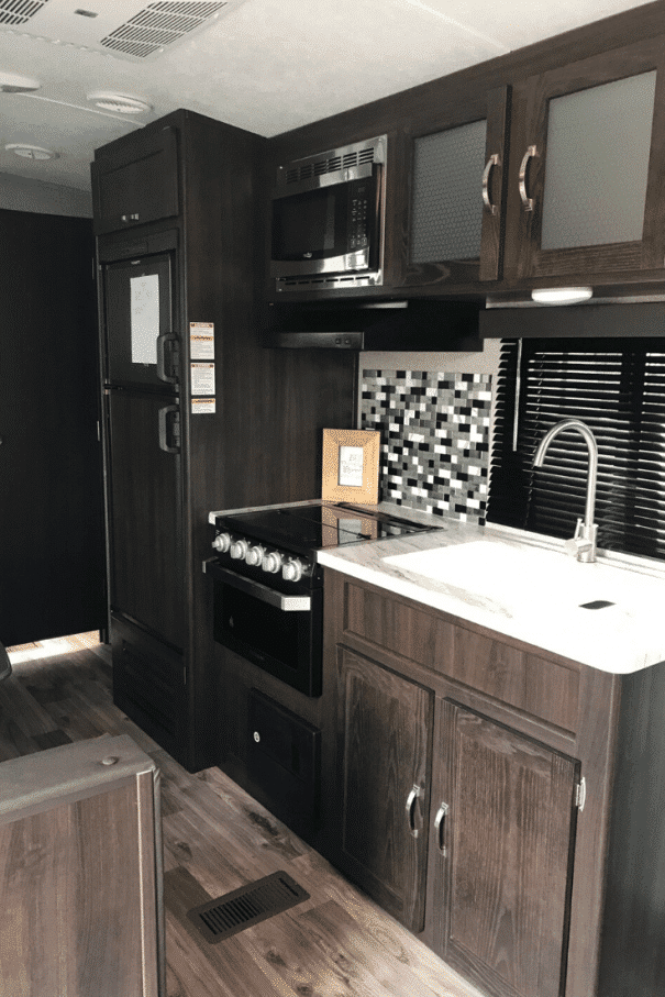 A clean RV kitchen which will be used to prepare dinner in an RV Oven
