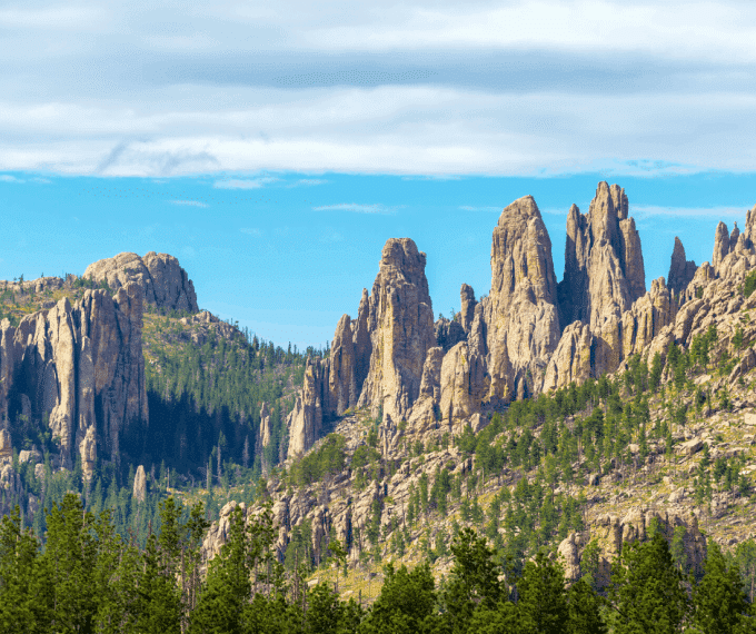 Wide view of rock formations when hiking through Custer State Park in South Dakota