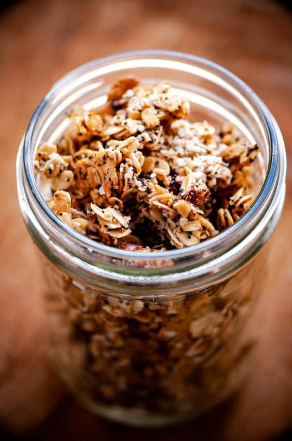 Mason jar filled with gluten free breakfast granola