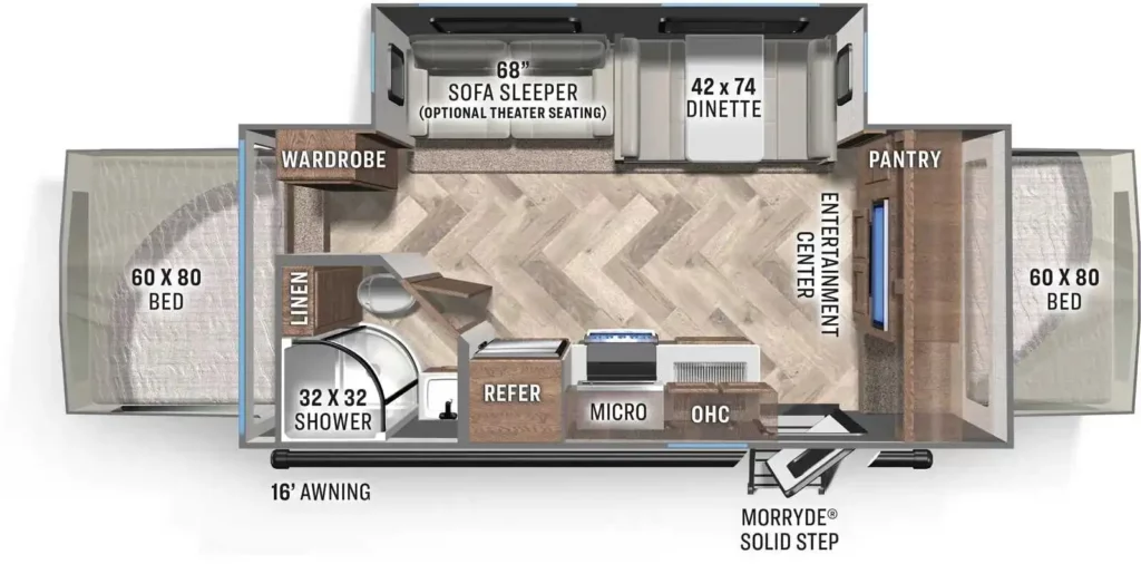 Interior floor plan of Palomino Ultra Light hybrid RV