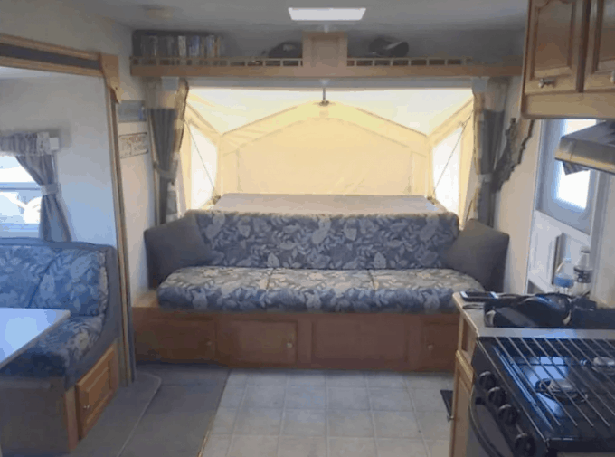 Inside a pop-up camper rental