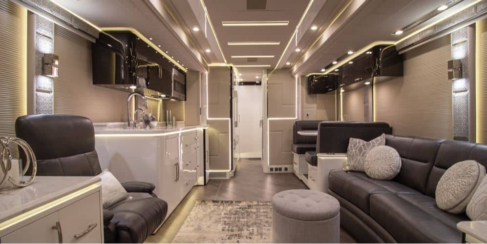 Prevost Emerald RV living, dining and kitchen