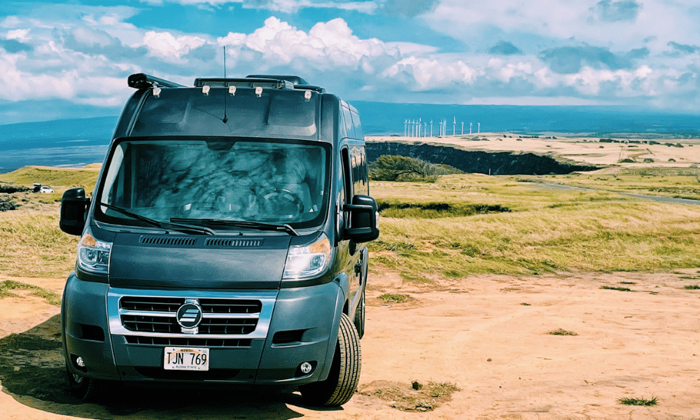 Front of black campervan that was rented on Big Island of Hawaii