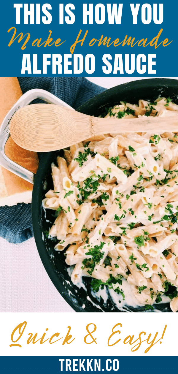 Pan with penne pasta and words 'easy recipe'