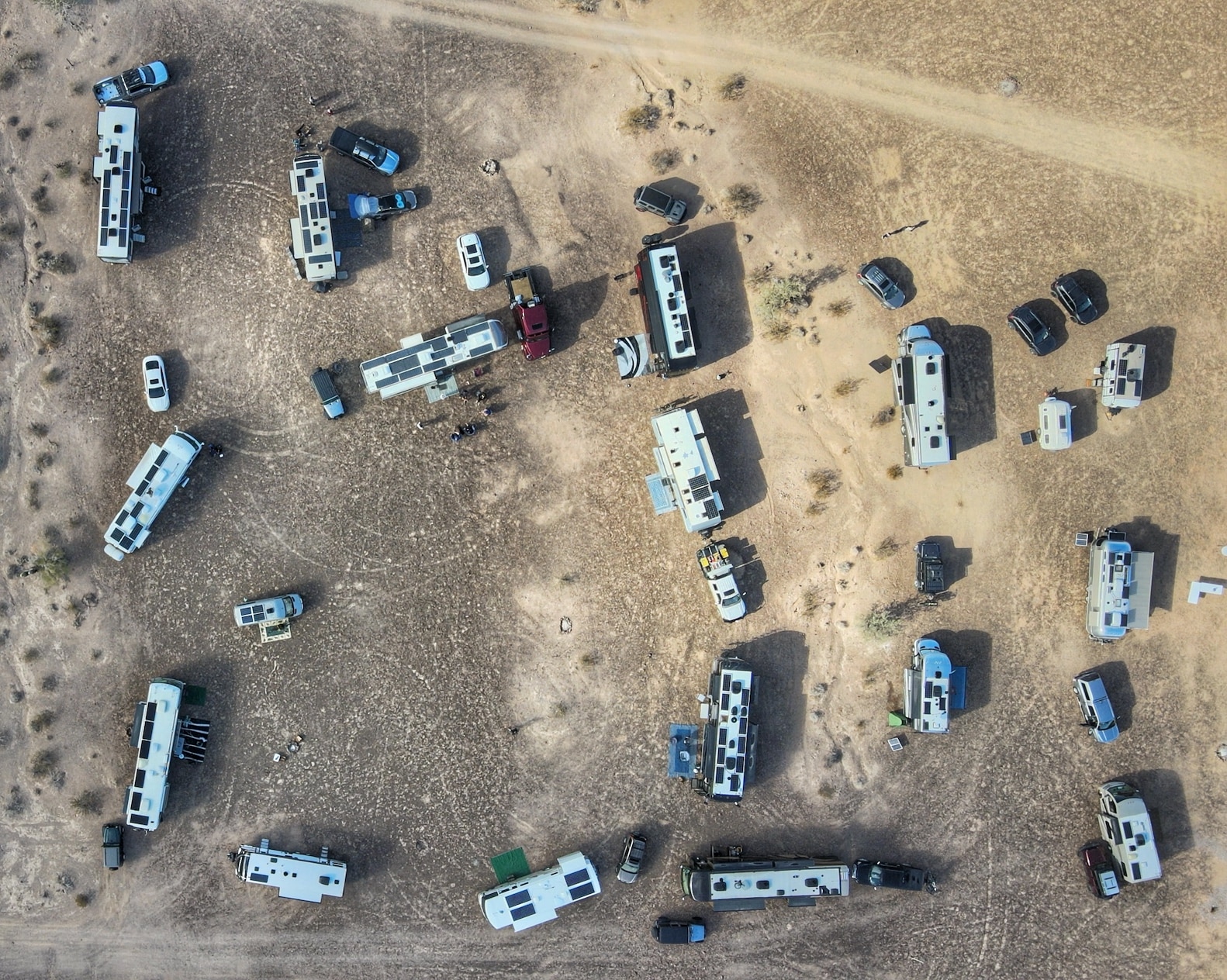Ariel view of group of RVs parked in circle