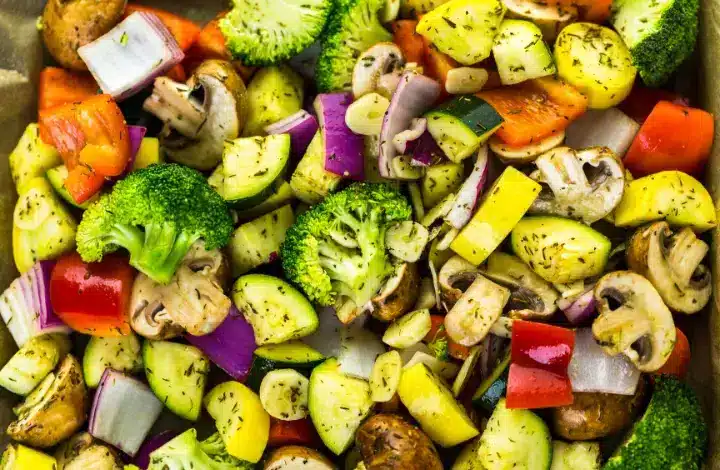 Close up view of roasted seasoned vegetables