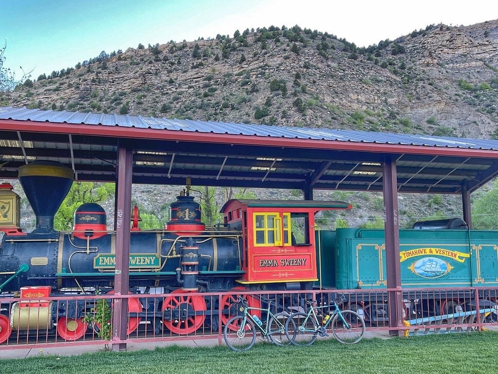 Colorful train in front of mountain in Durango