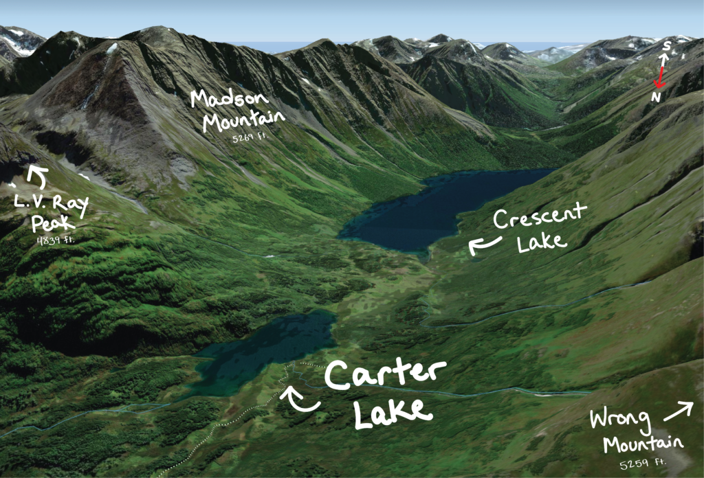 Computerized screenshot of Carter Lake and Wrong Mountain in area near Seward, Alaska.