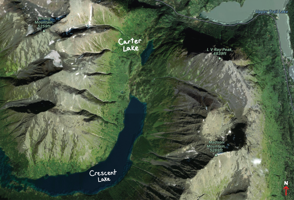 Aerial view of Carter Lake, Crescent Lake, and Wrong Mountain in Alaska