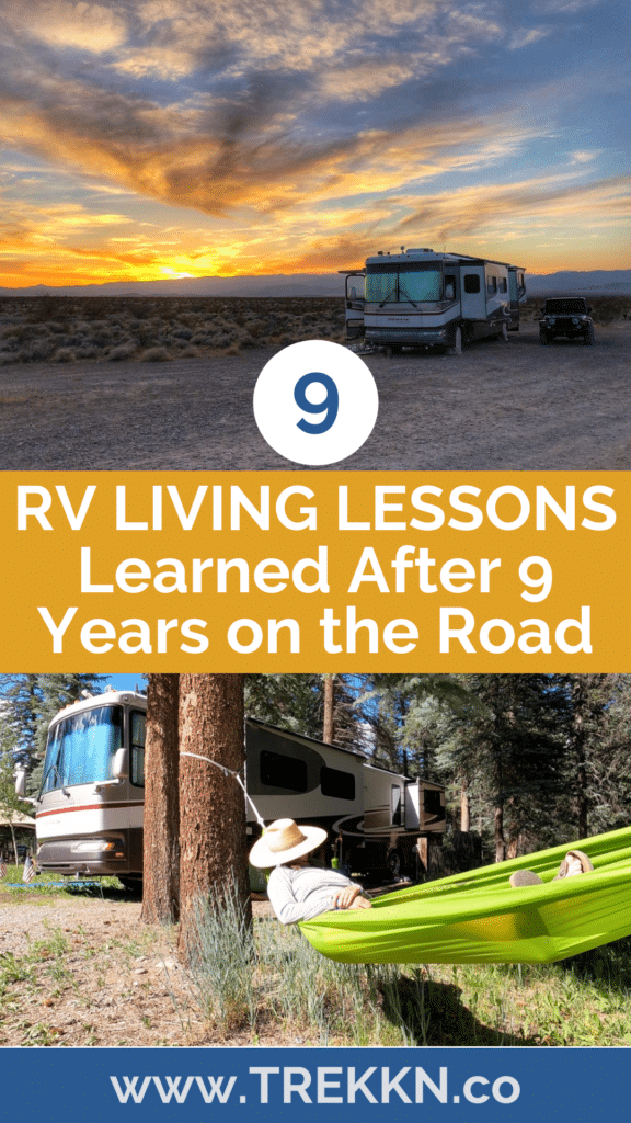 Class A RV parked in boondocking area at sunset with text 'RV living lessons after 9 years on the road'