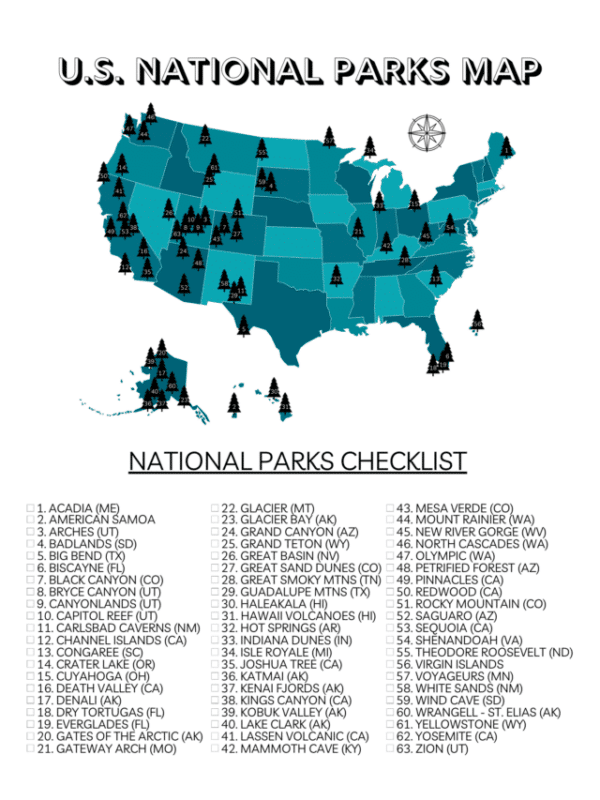 Map of 63 US National Parks