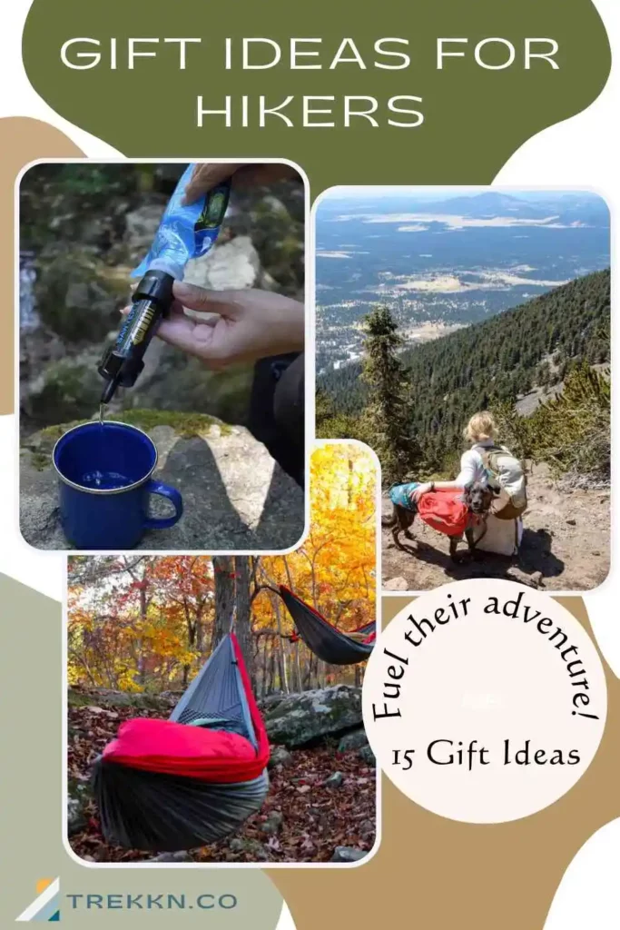 Collage of water filtration, woman hiker sitting outdoors with dog and hammock with the text 'gift ideas for hikers'
