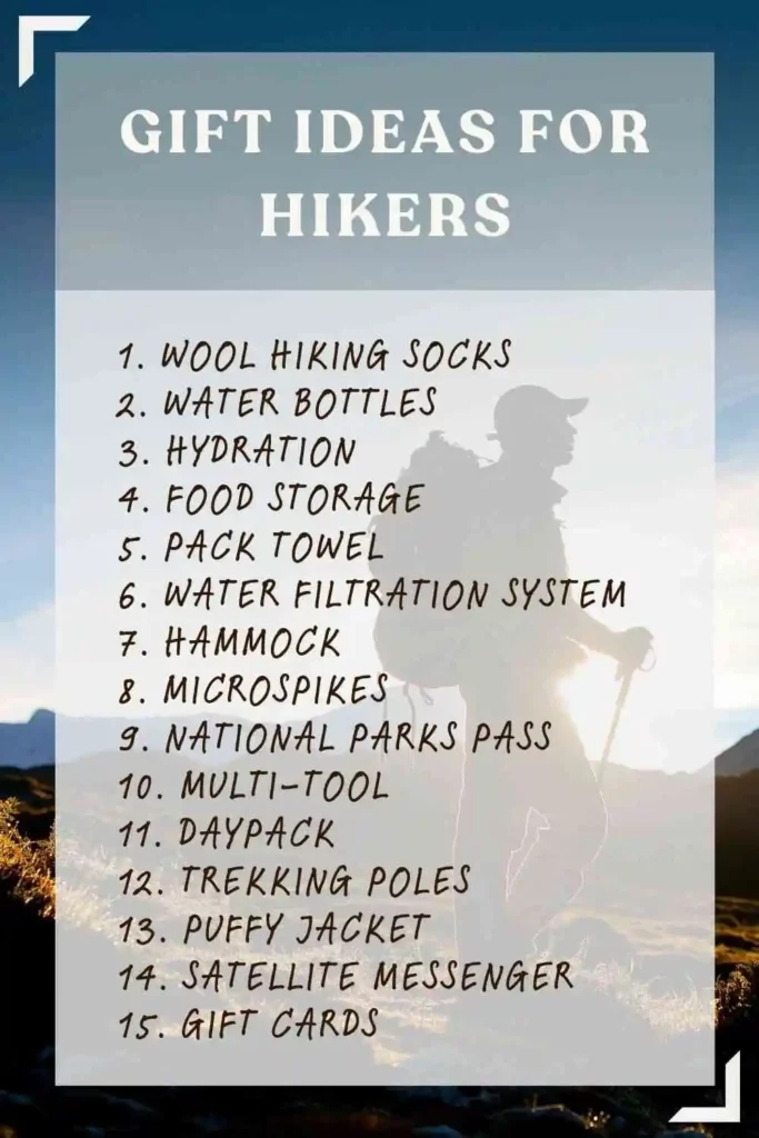 Silhouette of male hiker carrying backpack and using trekking poles with text list of gift ideas for hikers.