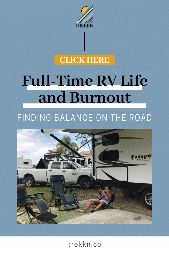 White travel trailer at campground with text 'how to avoid RV burnout'.