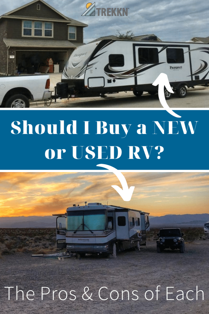Collage of two RVs with words 'should I buy a new or used RV?'