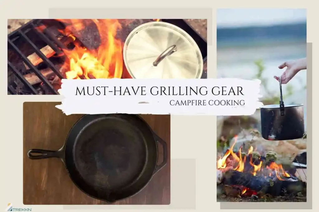 Three image collage of cast iron skillets, a great tool for campfire cooking