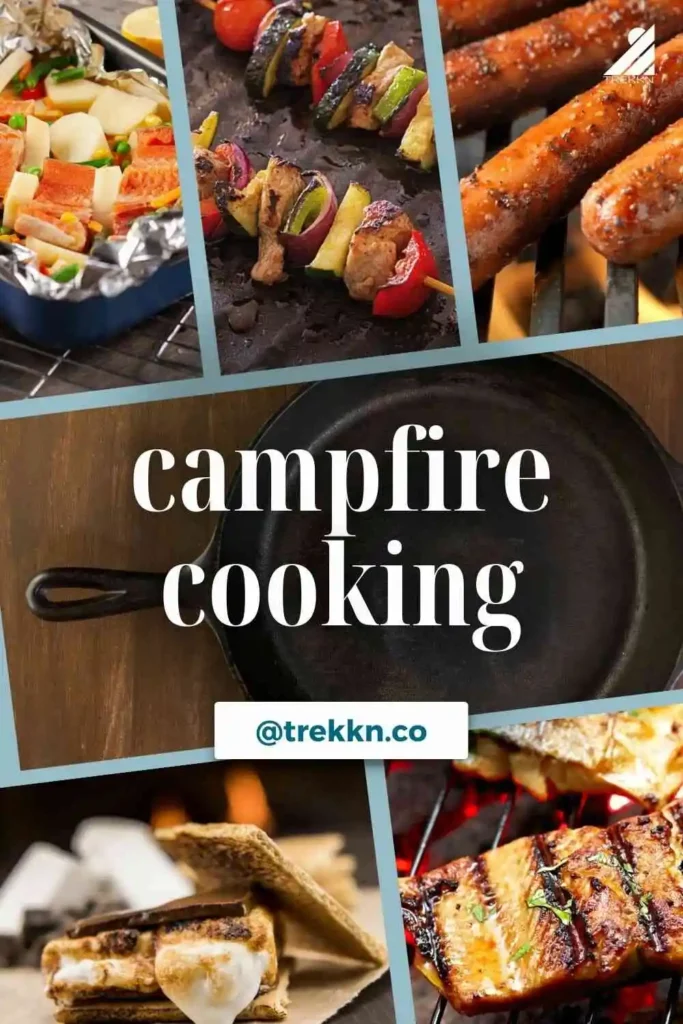 Collage of five images of meals cooked from recipes perfect for campfire cooking