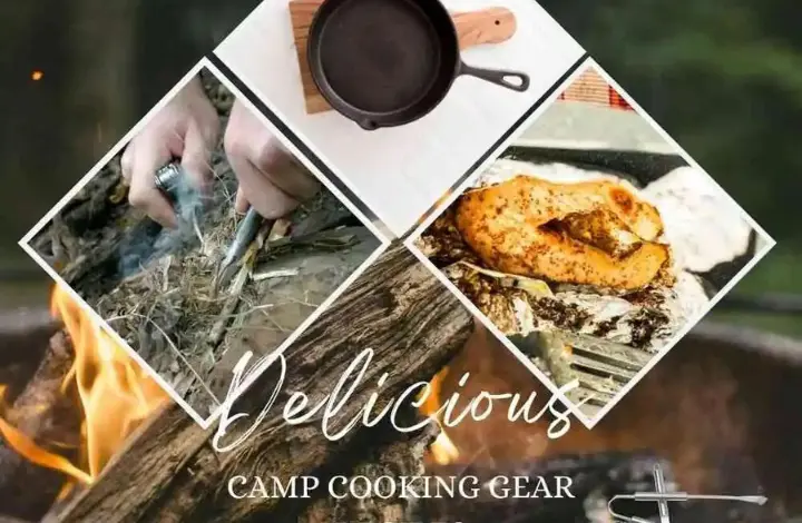 Collage of campfire grill tools with text 'camp cooking gear'
