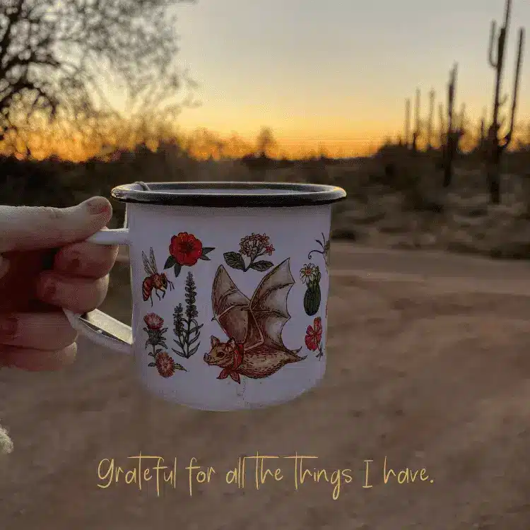 A mug in front of the open landscape at sunset as a symbol of being grateful for the little things in life
