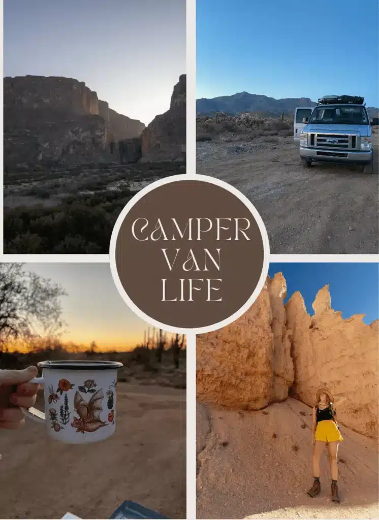 Collage of campervan, hiker, and sunset over rock formations with text 'camper van life'