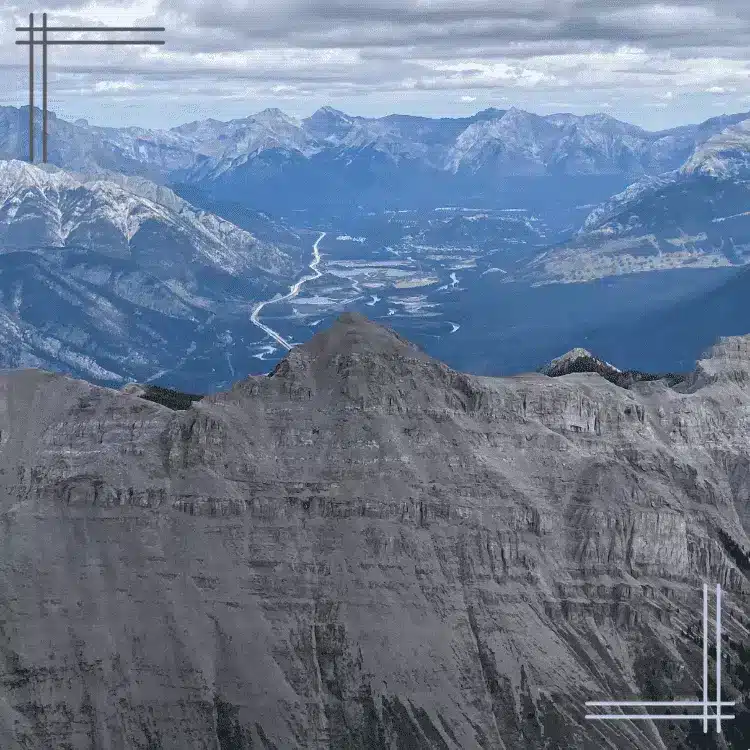 Overhead view of Banff from Mt Bourgeau, one of the best day hikes in Banff National Park