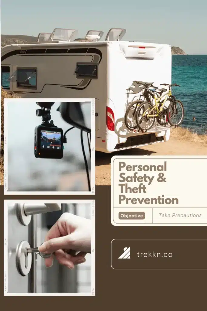 Collage of RV, lock in key, and security camera with text 'personal safety and rv theft protection".